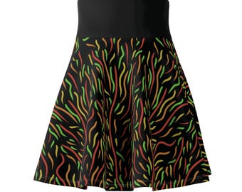 Neon Confetti Swirl Skater Skirt | Black Rasta Stripe Pattern