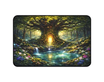 Enchanted Forest Tree Portal Desk Mat | Fantasy Landscape, Magical Lake