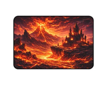 Volcanic Castle lava landscape Desk Mat | fiery fantasy mouse pad