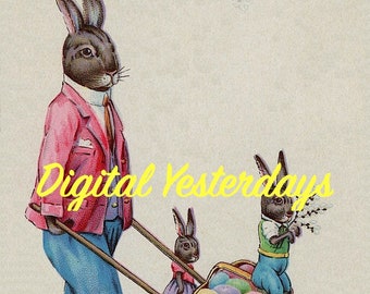 PRINTABLE Vintage Stetch Litho Easter Joys Rabbit Family Greeting Color Digital Clip Art Digital Jpeg Photo Instant Download Easter Clip Art