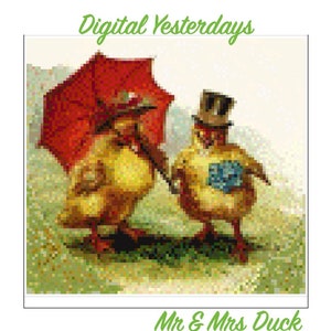 Peut inclure: Une illustration vintage d'une paire de poussins jaunes, l'un tenant un parapluie rouge et l'autre portant un chapeau haut de forme. Le texte "Digital Yesterdays" et "Mr & Mrs Duck" est imprimé sous l'image.