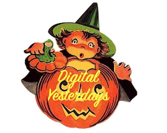 Vintage PRINTABLE 1950s Witch With Jack O Lantern Halloween Clip Art Color Digital Clip Art Digital Print Instant Download JOL Clip Art