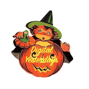 Vintage PRINTABLE 1950s Witch With Jack O Lantern Halloween Clip Art Color Digital Clip Art Digital Print Instant Download JOL Clip Art