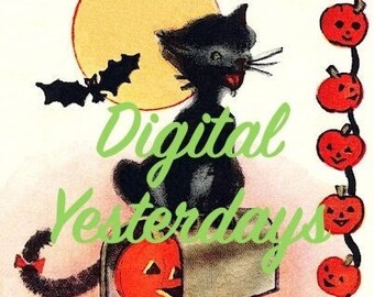 Vintage IMPRIMIBLE 1940s Black Cat Sitting On Mailbox Jack O Lanterns Full Moon Flying Bat JOL Halloween Color Clip Art Descarga instantánea