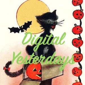 Vintage PRINTABLE 1940s Black Cat Sitting On Mailbox Jack O Lanterns Full Moon Flying Bat JOL Halloween Color Clip Art Instant Download