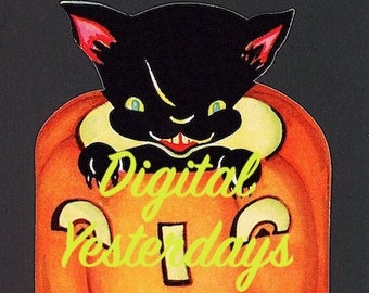 Vintage 1950er Jahre gruselige schwarze Katze Mit Jack OLantern Halloween Clip Art Farbe Digital Clip Art Digital Print Instant Download Clip Art