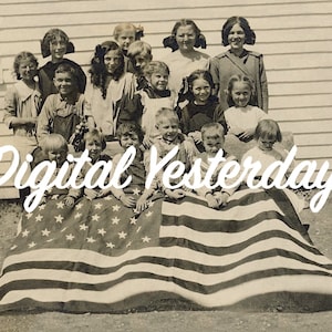 PRINTABLE 1910 Patriotic Schoolchildren W/ American Flag Black & White Sepia Digital Jpeg Photo PRINTABLE Instant Download USA Flag 4th July