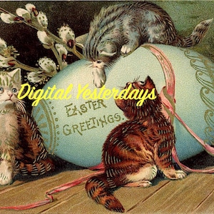 May include: Vintage Easter greeting card featuring three kittens playing with a large blue egg decorated with gold accents and a pink ribbon. The text "Easter Greetings" is printed on the egg.
