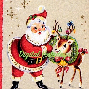Vintage 1950er Jahre Weihnachtsmann mit Rentier Urlaub Grüße Winter Clip Art Farbe Digitale Clip Art Digitale Sofort Download Weihnachten ClipArt