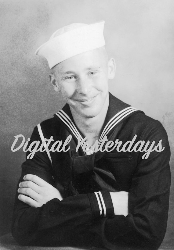 PRINTABLE Smiling WWII US Navy Sailor Portrait Black & White Sepia