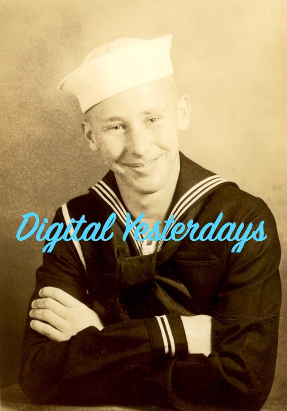 PRINTABLE Smiling WWII US Navy Sailor Portrait Black & White Sepia