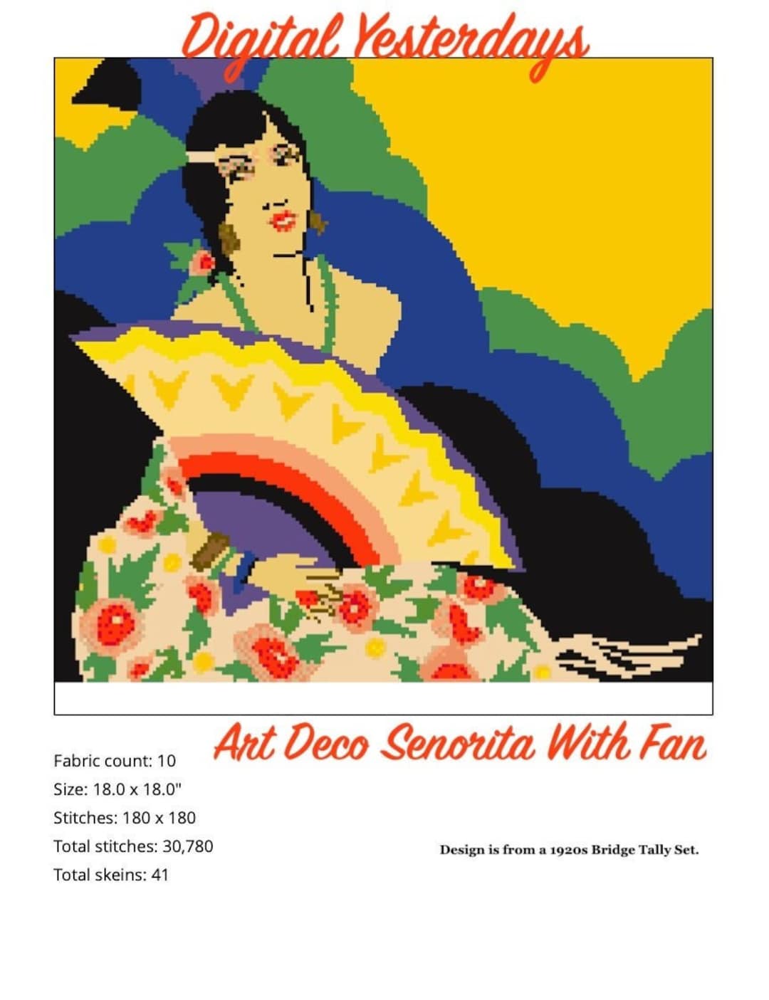 Art Deco Señorita With Fan Counted Cross Stitch Chart Instant Download