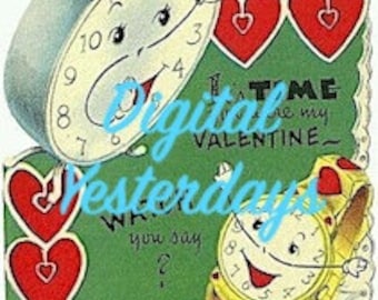 PRINTABLE Vintage Valentine Alarm Clock & Wristwatch It’s Time You Were My Valentine Digital ClipArt Jpeg Instant Download Valentine Day