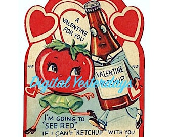 PRINTABLE Vintage Valentine Ketchup Chasing Tomato Color Digital Clip Art Digital Jpeg Photo Instant Download Valentines Day Anthropomorphic