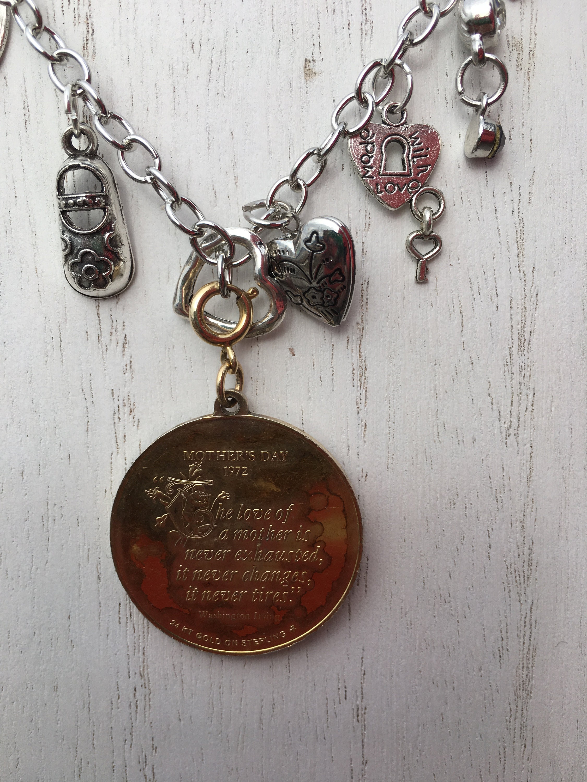 Mom 24k Gold Coin pendant with Silver tone Necklace and Charms | Etsy