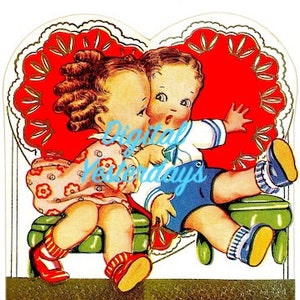 DRUCKBAR Vintage Valentine Valentine 2 Kinder küssend Farbe Digitale Clip Art Digital Jpeg Foto Sofortiger Download Valentinstag