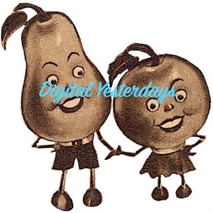 PRINTABLE 1937 Smiling Boy Pear & Girl Apple Digital Jpeg Clip Art Illustration Instant Download Vintage Fruit Clip Art