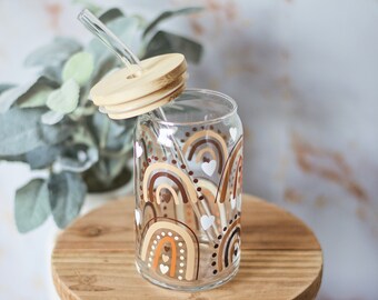 Boho rainbow libbey glass can with bamboo lid and bent glass straw, neutral color cup w/ rainbows and white hearts, boho aesthetic glass cup