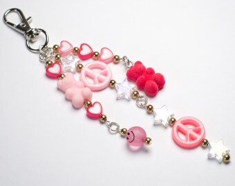 Pink beaded keychain, beaded bag charm with gummy bear, hearts, peace signs, cute dangly keychain