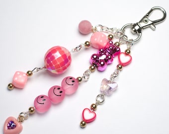 Pink beaded keychain, beaded bag charm with disco ball, dice beads, gummy bear cute dangly keychain