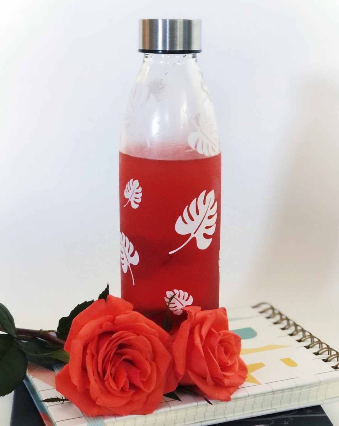 Clear Plastic Water Bottle With White Tropical Leaves, Aloha Leaf