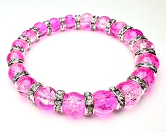 Pink crackle glass beaded bracelet, with silver rhinestone beads, 6 inch stretchy beaded bracelet