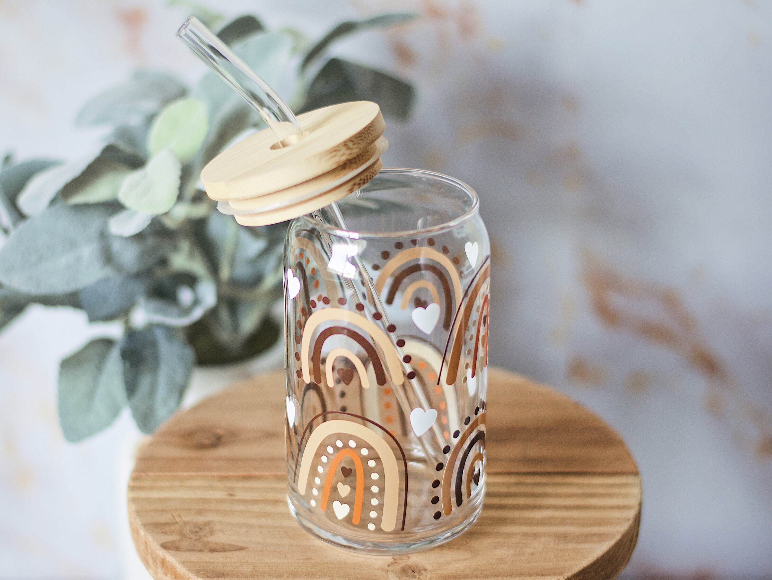 Boho Rainbow Libbey Glass Can With Bamboo Lid and Bent Glass Straw ...
