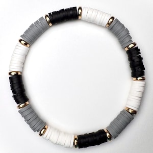 Black, white, and gray clay beaded bracelet, with gold beads, 7 inch stretchy beaded bracelet