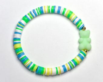 Gummy bear bracelet, green, yellow, blue clay beaded bracelet, 6.5 inch stretchy beaded bracelet