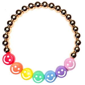 Rainbow smiley face bracelet, with gold round beads, 7 inch stretchy beaded bracelet