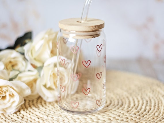 HEARTS & ROSES Custom 16oz. Libbey Beer Can glass cup with Bamboo lid/Glass  straw