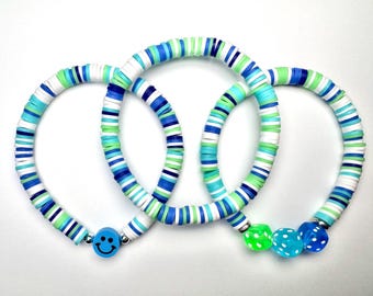 Blue, green, and white clay bracelets, set of 3 clay beaded bracelets, 6.5 inch stretchy beaded bracelets