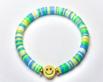Smiley face bracelet, green, yellow, blue clay beaded bracelet, 6.5 inch stretchy beaded bracelet