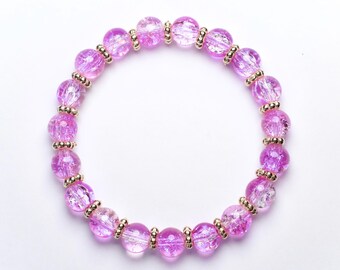 Light purple crackle glass beaded bracelet, with gold spacer beads, 6.25 inch stretchy beaded bracelet