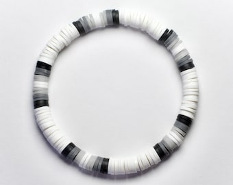 Black, gray, white ombré clay beaded bracelet, 6.5 inch stretchy beaded bracelet