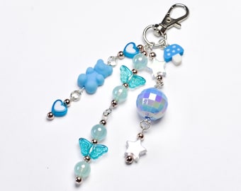 Blue beaded keychain, beaded bag charm, gummy bear, disco ball, butterfly dangly keychain