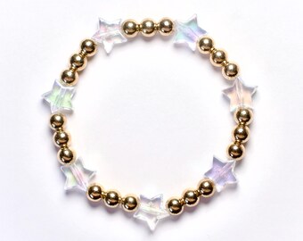 Acrylic iridescent star beaded bracelet, with gold spacer beads, 6.5 inch stretchy beaded bracelet