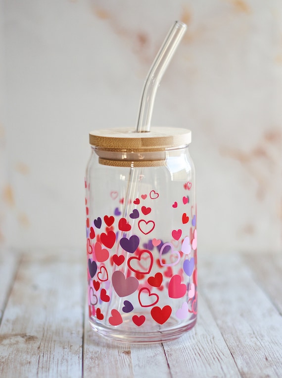 Valentine Libbey Glass Can With Floating Hearts, Valentine Glass Cup With  Bamboo Lid and Bent Glass Straw, Cute Cup for Valentine's Day 