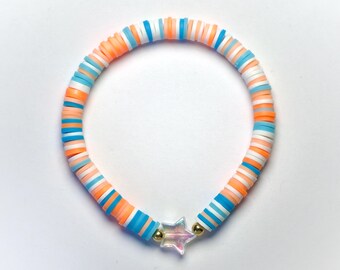 Blue and orange clay bracelet, iridescent star bracelet, 6.5 inch stretchy beaded bracelet