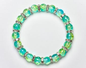 Blue and yellow crackle glass beaded bracelet, with silver rhinestone beads, 6 inch stretchy beaded bracelet