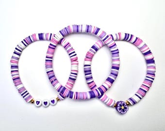 Purple and white clay bracelets, set of 3 clay beaded bracelets, 6.5 inch stretchy beaded bracelets