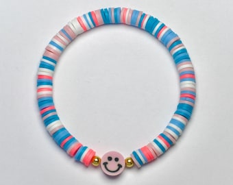 Smiley face bracelet, pink, blue, and white clay beaded bracelet, 6.5 inch stretchy beaded bracelet