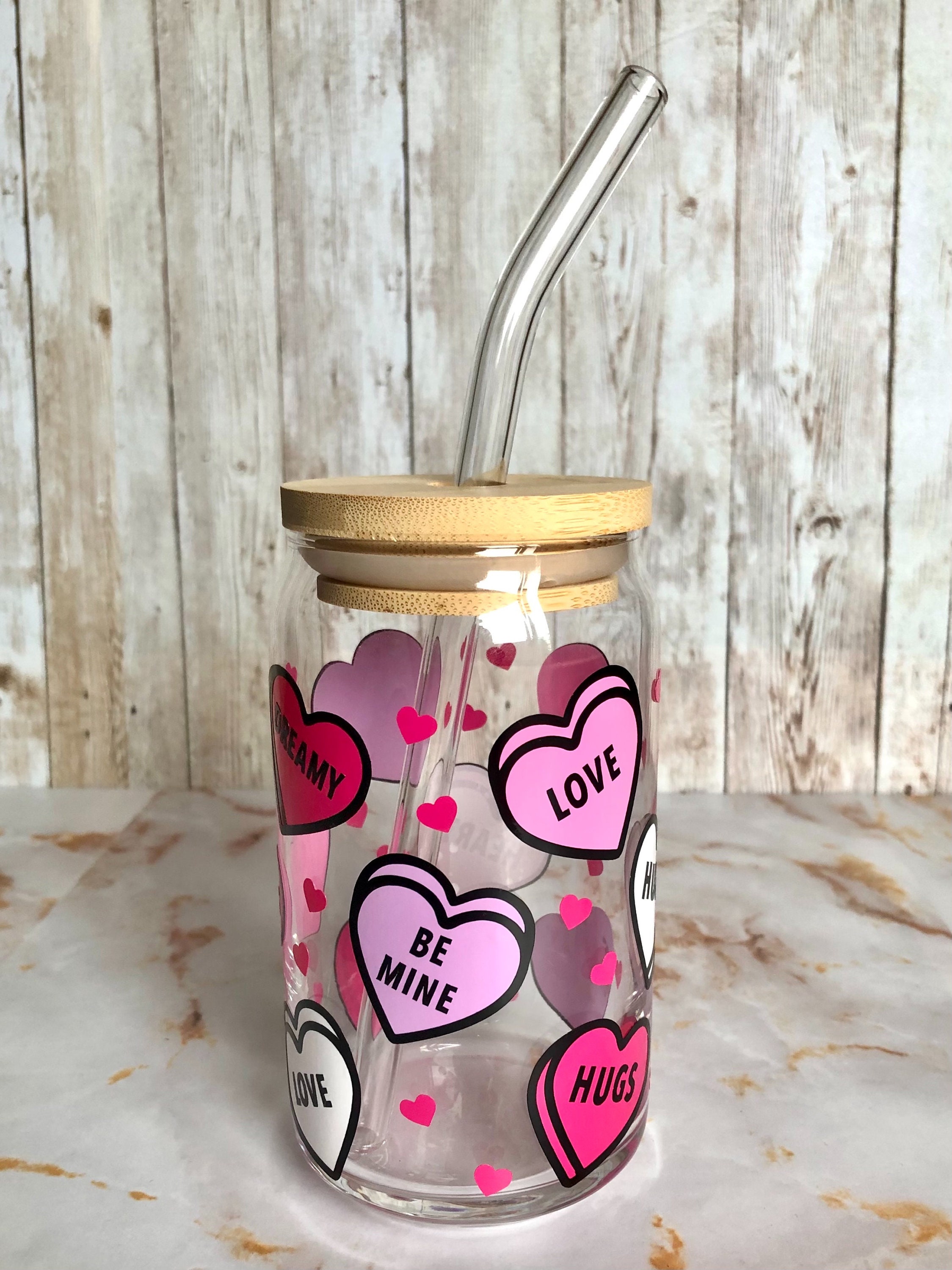 Valentine Libbey Glass Can With Candy Word Hearts, Glass Cup With ...