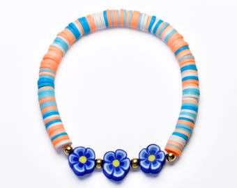 Blue flower clay beaded bracelet, blue and orange clay bracelet, 6.5 inch stretchy beaded bracelet