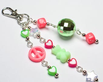 Pink and green beaded keychain, beaded bag charm, cute dangly keychain
