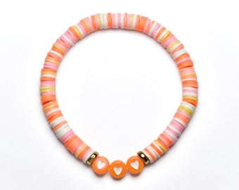 Orange heart bracelet, pink, orange, yellow, clay beaded bracelet, 6.5 inch stretchy beaded bracelet