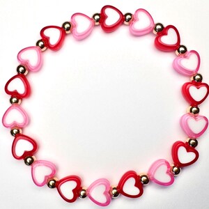 Pink and red heart beaded bracelet, heart bracelet with gold round beads, 7 inch stretchy beaded bracelet