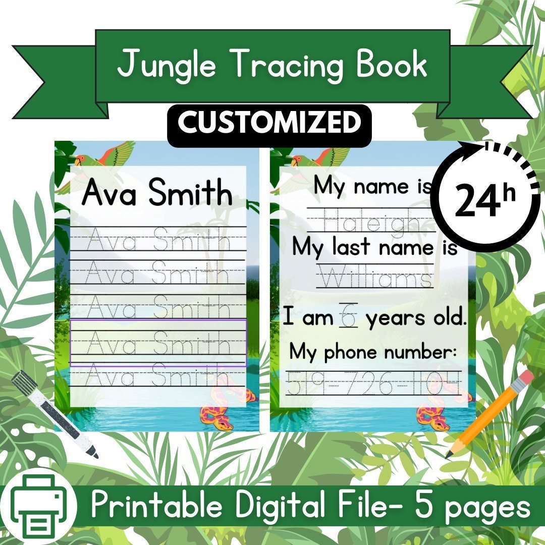 Custom Jungle Name Tracing Printable Digital Download. Personalized