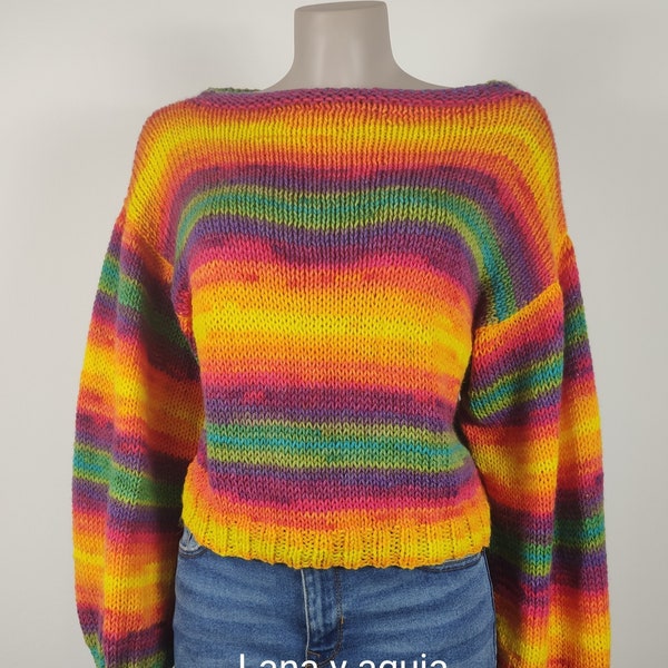 Wolljersey, Regenbogenpullover, Damenpullover, handgestrickt, Langarmpullover, Boho Style, fröhliche Farben, handgestrickter Pullover