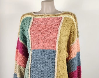 Wool sweater, cotton sweater, hand knitted, multicolor, long sleeve sweater, bohemian style, patchwork sweater, women's hand knitted sweater